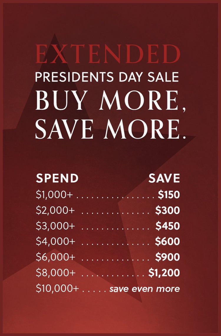Graphic that says "Extended Presidents Day Sale" with savings chart